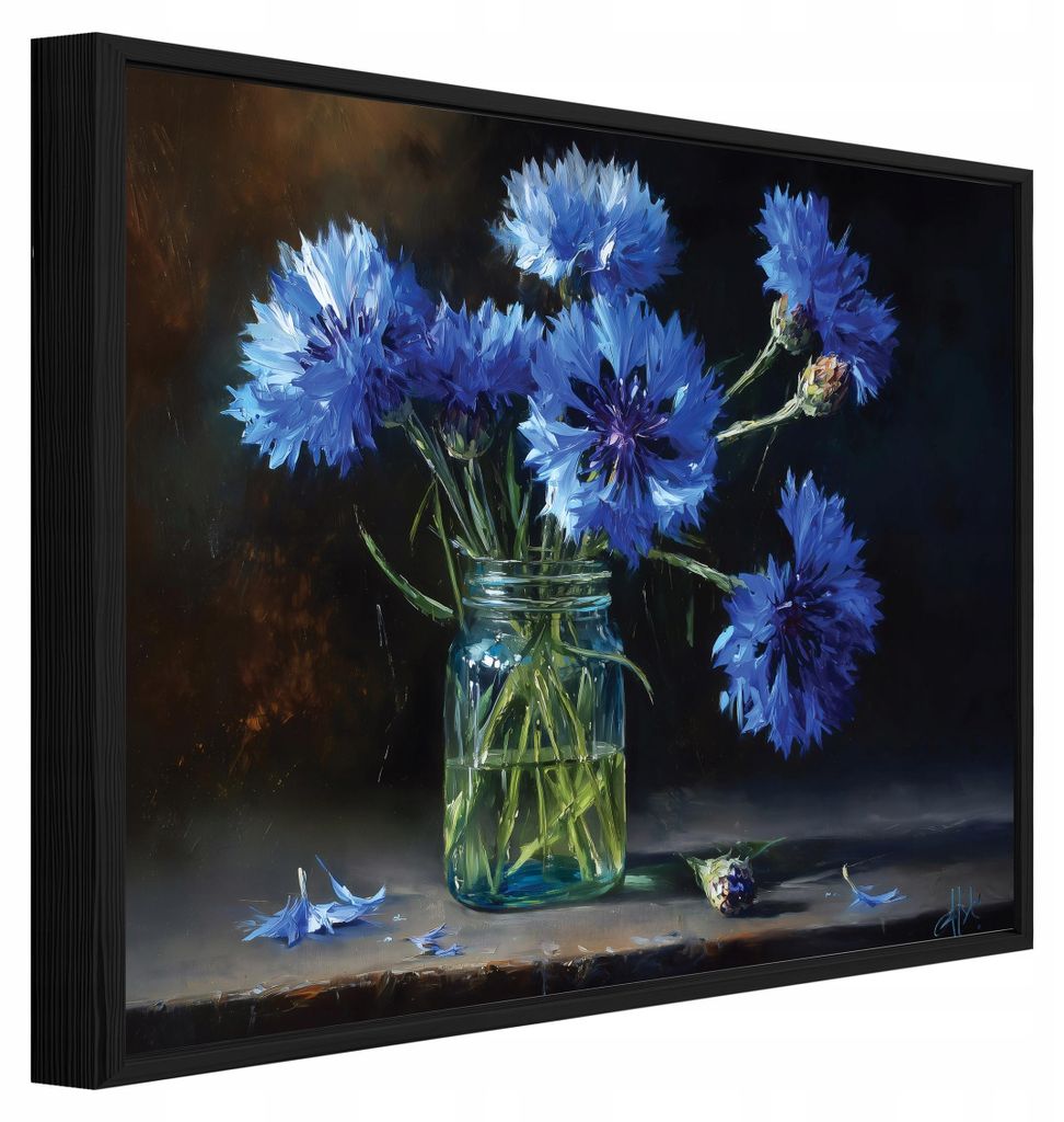 Bilder mit Rahmen Blumen in einer Vase Vintage Retro - 100x70 cm - Wandbilder Wohnzimmer Schlafzimmer - Leinwand Bilder mit Rahmen Blau - PPR16411O1