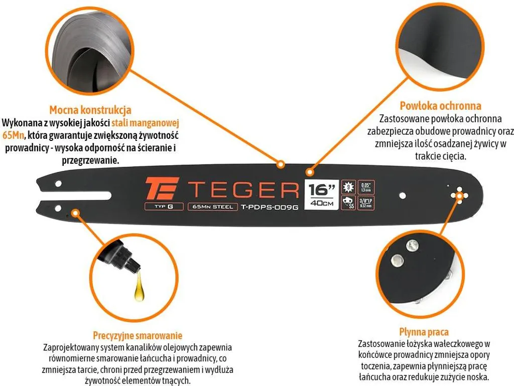 Guide-chaîne Teger 16 pouces 40cm 3/8 1.3mm 55 maillons pour tronçonneuse