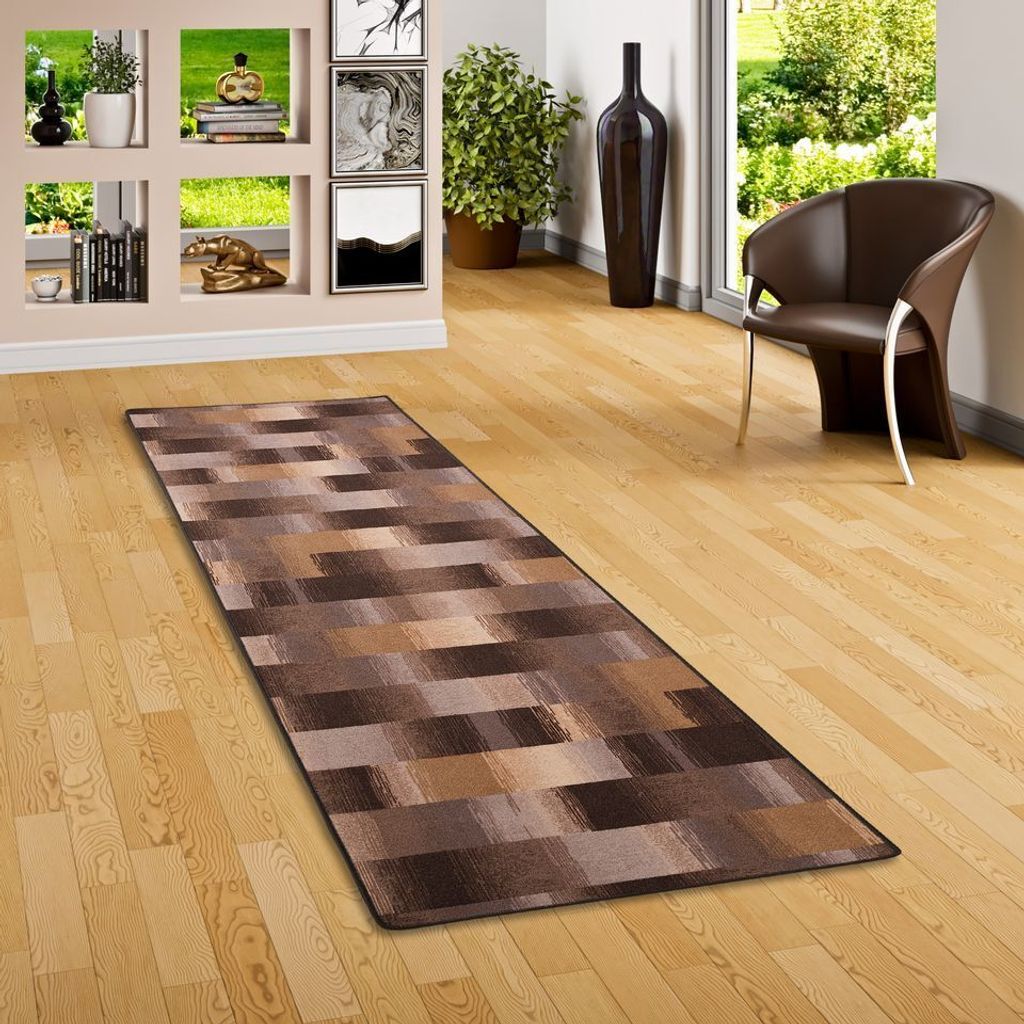 Designer Velours Läufer Teppich Mystic Karo Braun, Größe:80x200 cm
