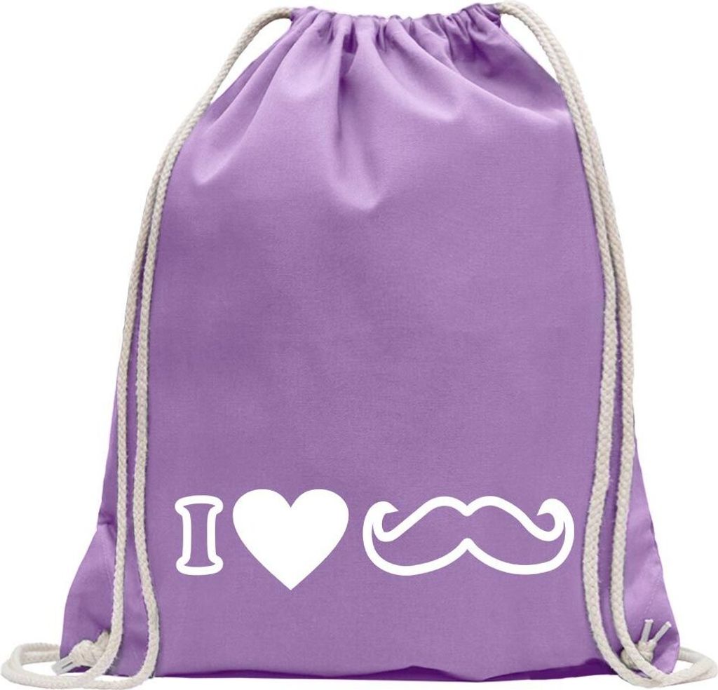 Kiwistar - Turnbeutel - lavendel - I Love Mustache - Fun Rucksack Sport Beutel Gymsack Baumwolle mit Ziehgurt