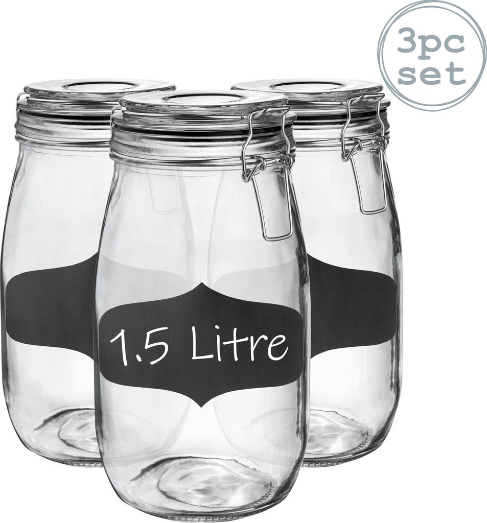 Vorratsgläser aus Glas mit Etiketten – 1,5 Liter – schwarze Versiegelung – 3 Stück