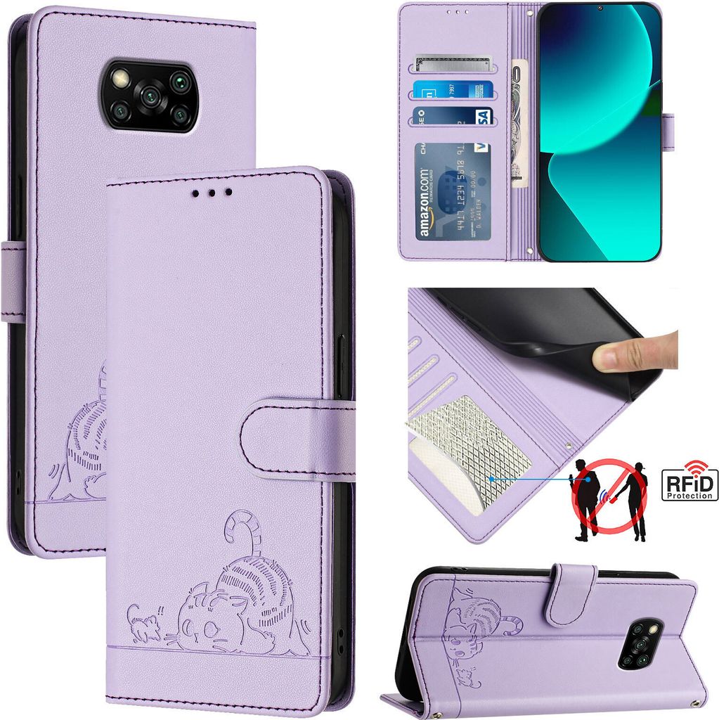 Leder Hülle für Xiaomi Poco X3 NFC / X3 Pro Süße Katze Flip Case Brieftasche Schutzhülle mit Standfunktion Lila