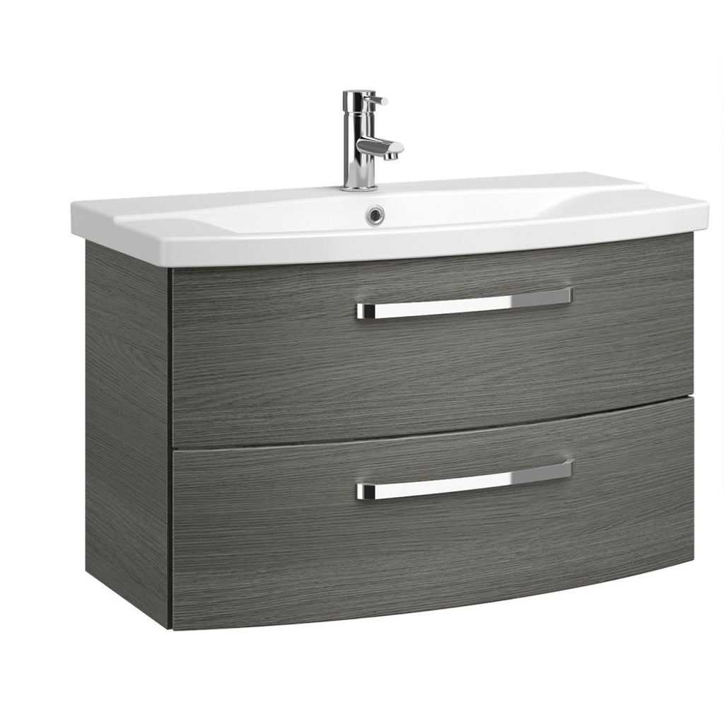 Badezimmer Waschtisch FES-4010-66 mit 80cm Unterschrank & Keramikbecken in Nachbildung Graphit Struktur quer Nb. - B/H/T: 84/54/46cm