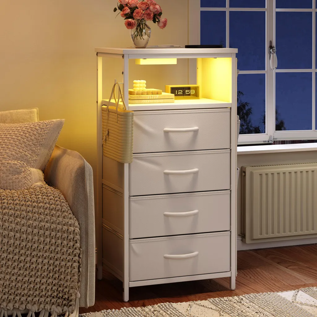 Meuble de Chambre Polyvalent avec Port USB et Rangement Latéral Blanc