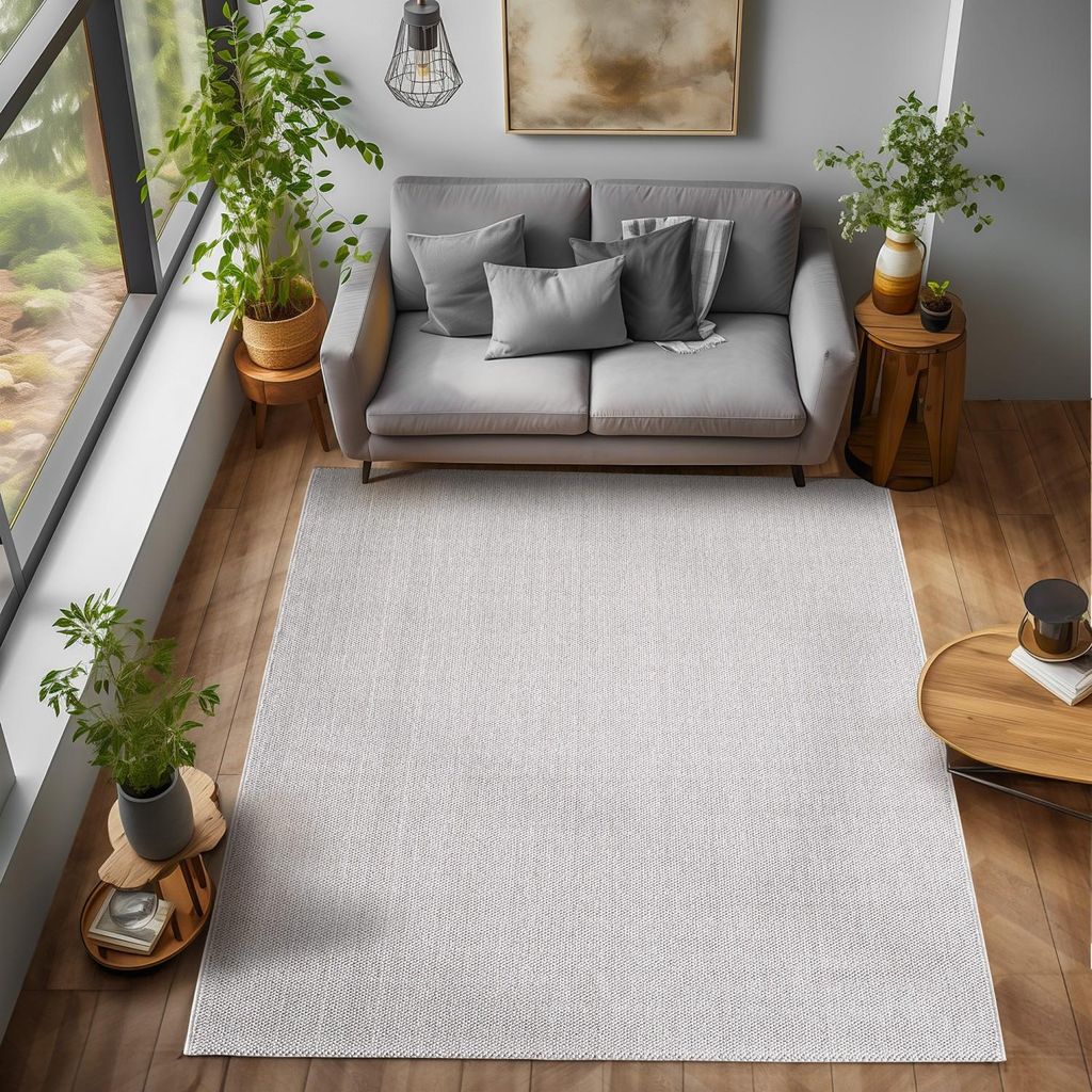 Moderner, silberfarbener Schlingenteppich in natürlicher Weboptik, geeignet für Wohn- oder Schlafzimmer, leicht zu reinigen 200 x 290 cm