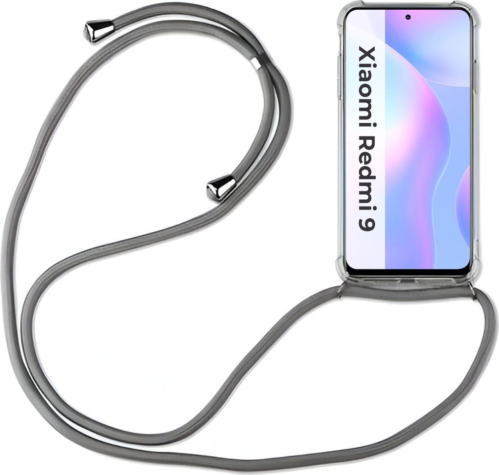 Xiaomi Hülle mit Band Schutzhülle Handykette Silikon Handy Tasche mit Schnur Neu Xiaomi Redmi 9 Grau