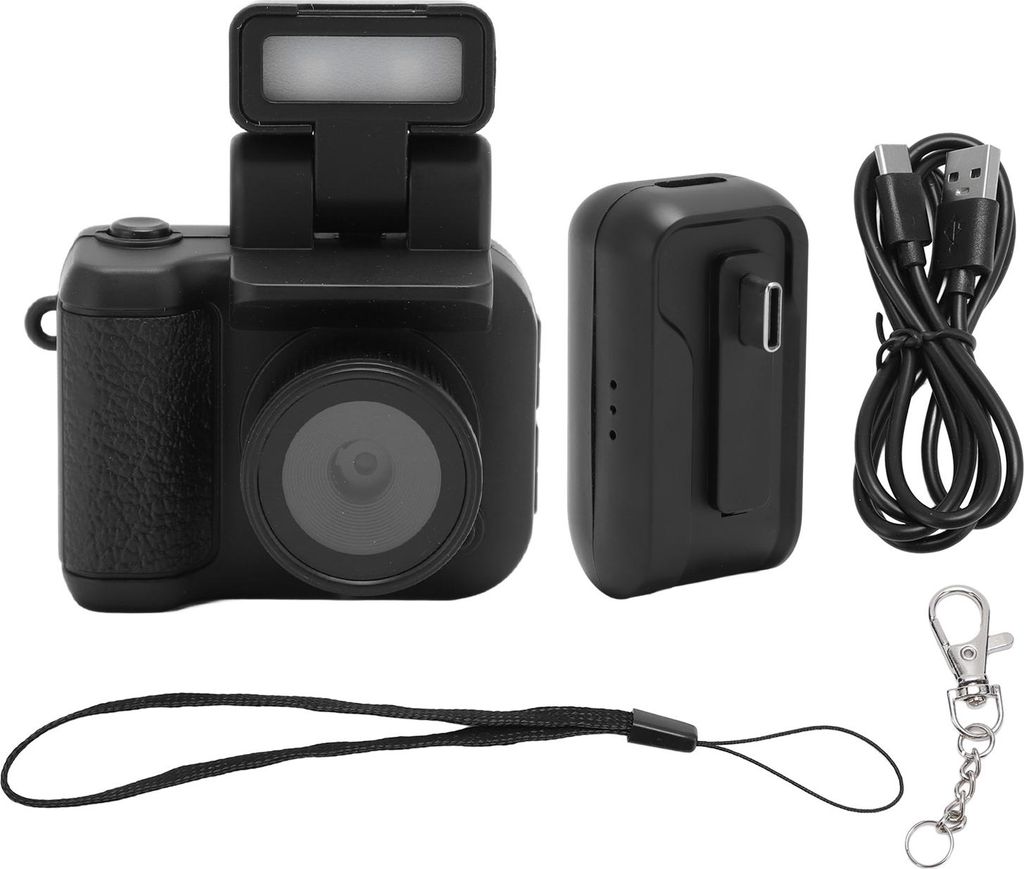 A collection of small digital camera accessories laid out on a white background.