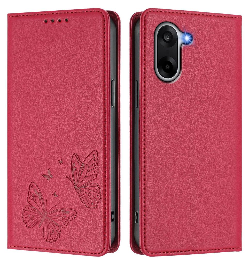 Lederhülle für OnePlus Nord CE5 / Ace 5 Racing, Schmetterling Prägung Leder Brieftasche Schutzhülle mit Ständer Rot