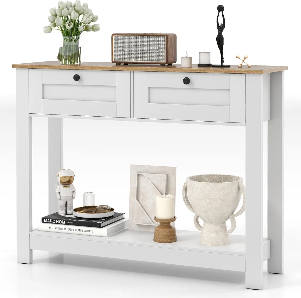 Table Console Étroite 2 Tiroirs en Bois avec Rangement Double Niveau