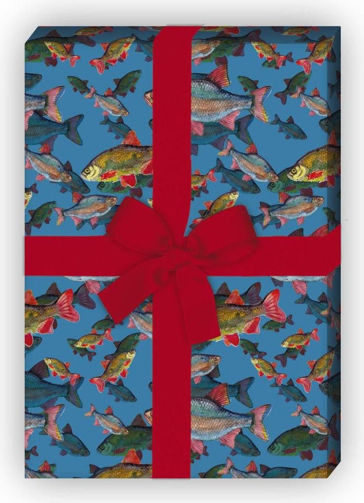 Edles Geschenkpapier mit Fischen unter Wasser auf blau - Produktbild 