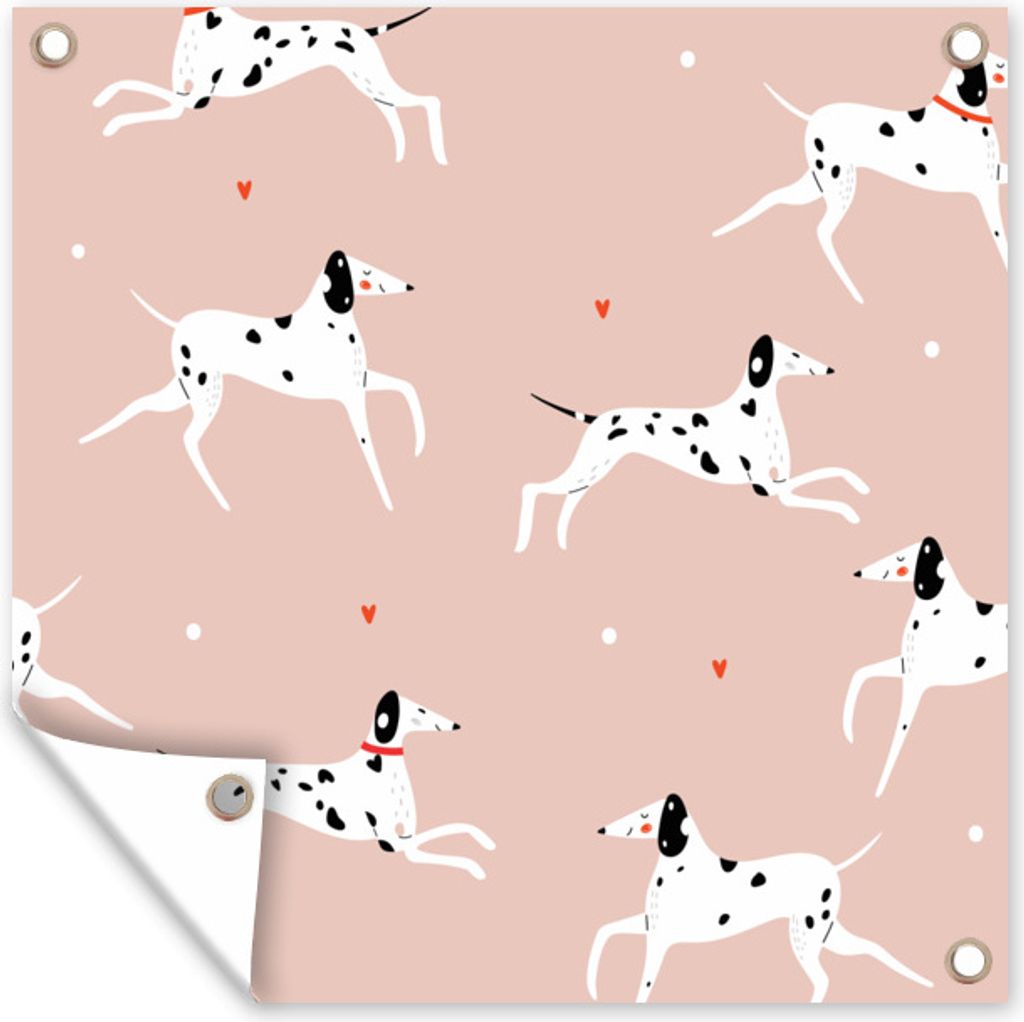 MuchoWow 100x100 cm Outdoor-Poster Gartendeko Sichtschutz Garten Poster für den Garten Hunde-Illustration mit laufenden Dalmatinern vor einem r...