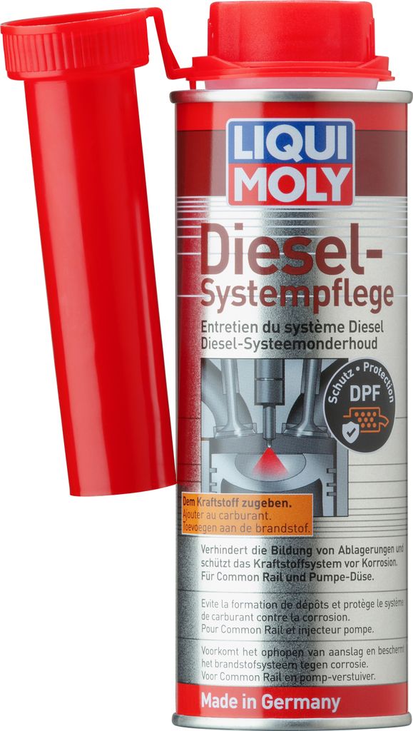 A can of Liqui Moly Diesel System Care with a red cap and applicator tube.