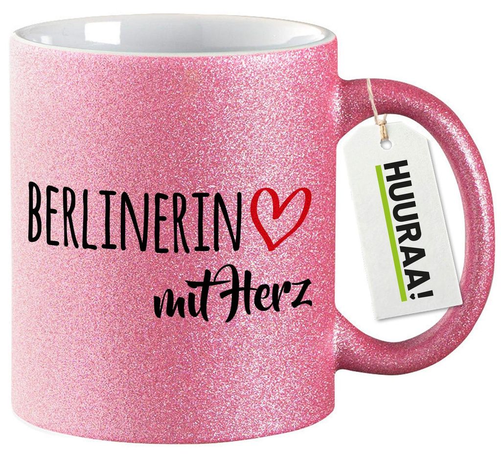 Huuraa Glitzertasse Berlinerin mit Herz 330ml Pink Keramik Kaffeebecher Geschenkidee