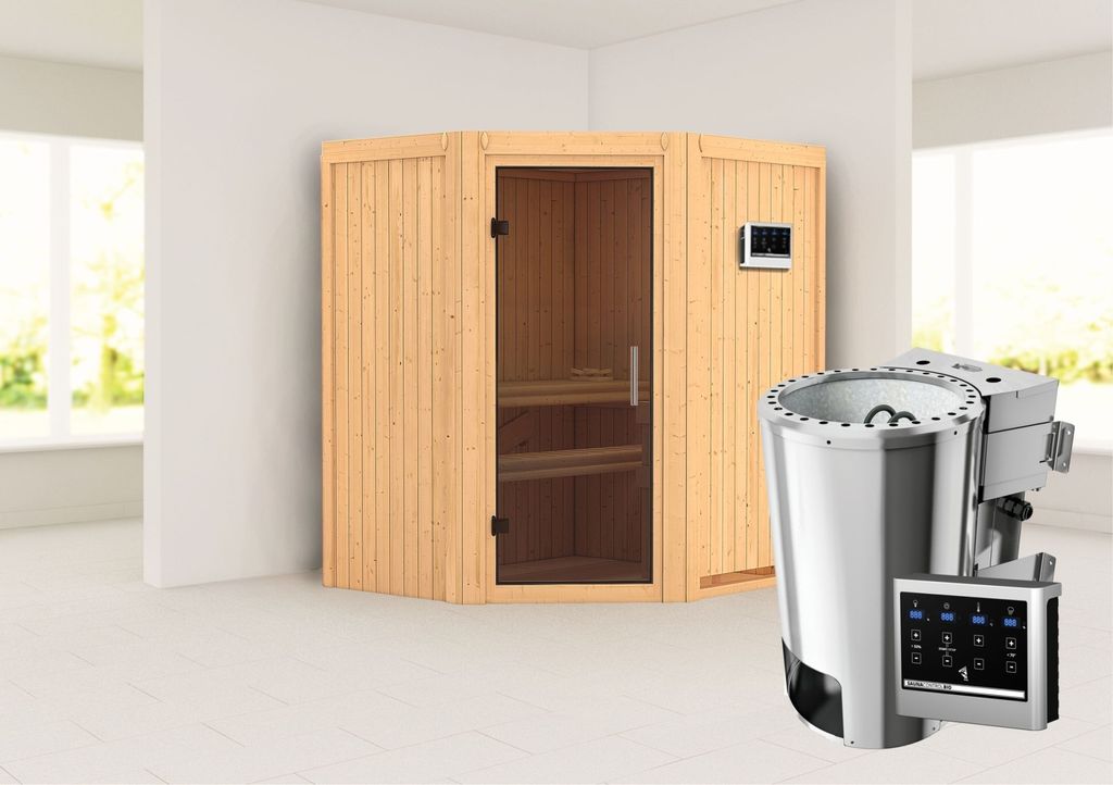 Karibu Sauna Innensauna Tonja Eckeinstieg Ofen 3,6 kW -Ofen externe Strg. easy 170x151x198 cm ohne Dachkranz mit Graphittür