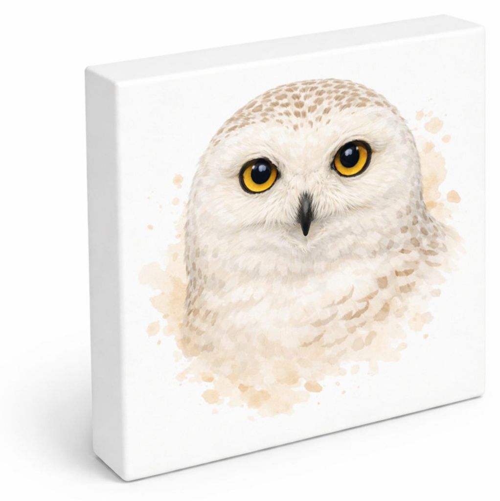 Schneeeulenzauber Schneeeulen Portrait Holzbild in 15x15 cm zum Stellen oder