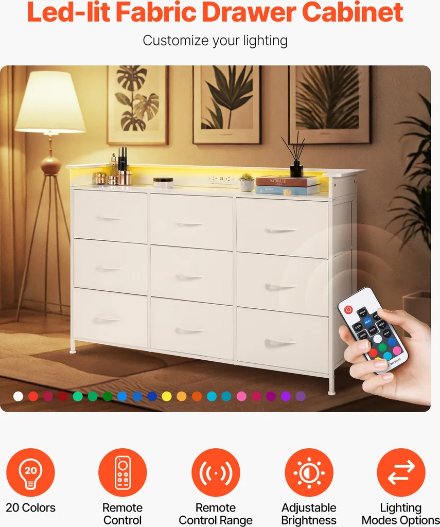 Commode VEVOR Blanche avec Prises de Courant et Éclairage LED Intégré - 5