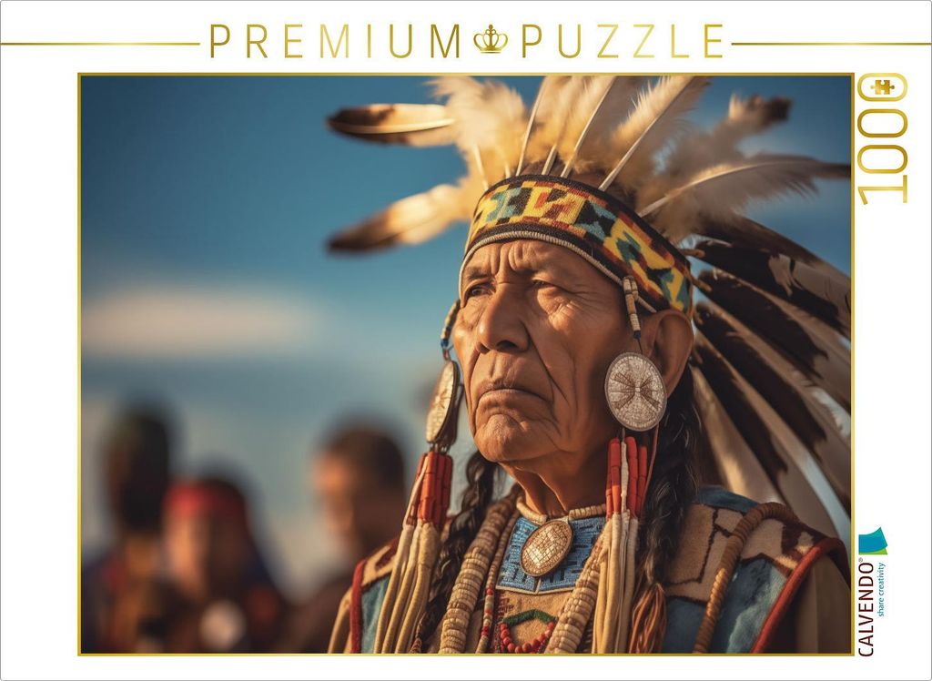CALVENDO Puzzle Ehrenvolle Pracht: Stolzer Indianer-Häuptling im Federschmuck | 1000 Teile Lege-Größe 64x48cm Foto-Puzzle für glückliche Stunden