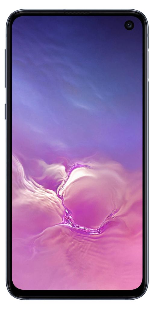 A front-facing view of a Samsung Galaxy S10e smartphone with a purple and blue abstract wallpaper displayed on the screen.