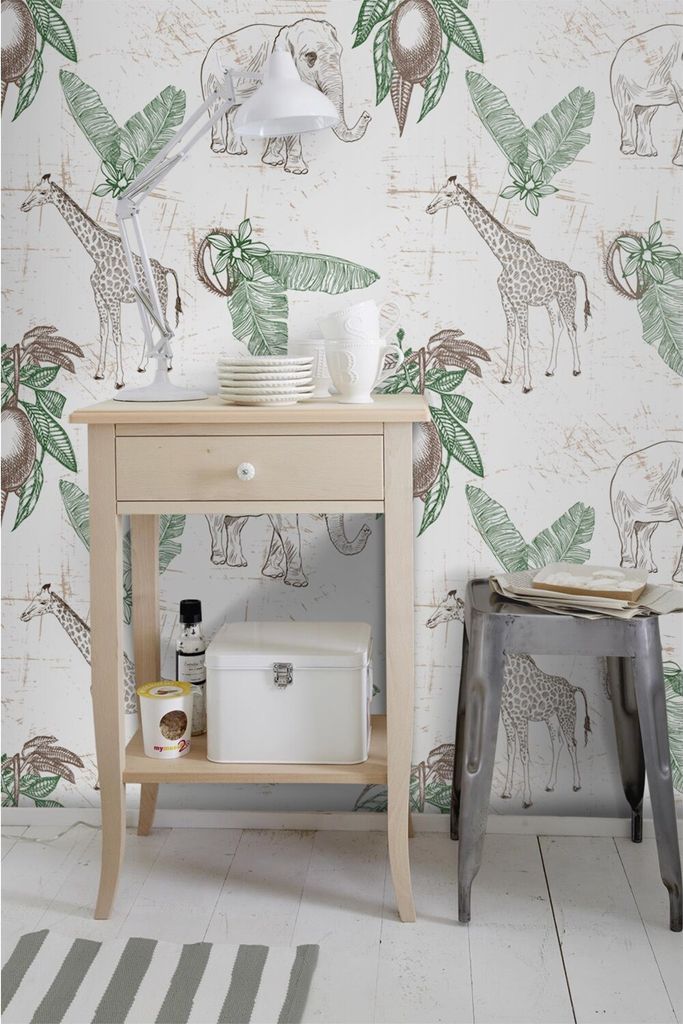 Coloray Fototapete 104x70 cm Vlies-Fototapete - Utensilien Giraffeefant Tiere Palmblätter