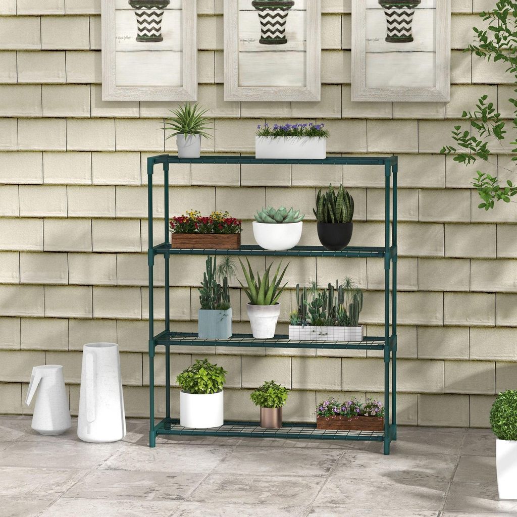 Pflanzenregal 4 Etagen Stahl, Blumentreppe Pflanzenständer outdoor, Pflanzentreppe, Dunkelgrün | 89 x 28 x 107 cm | 10 kg | Innen & Außen