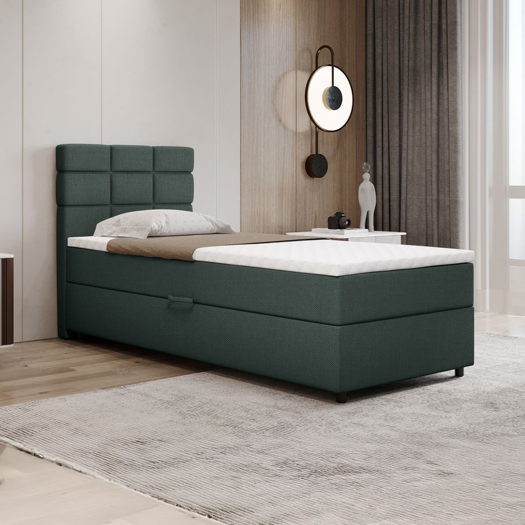 Boxspringbett 90x200, mit Bettkasten, Grün, Matratze und Topper, Einzelbett, REVE, Panda Möbel
