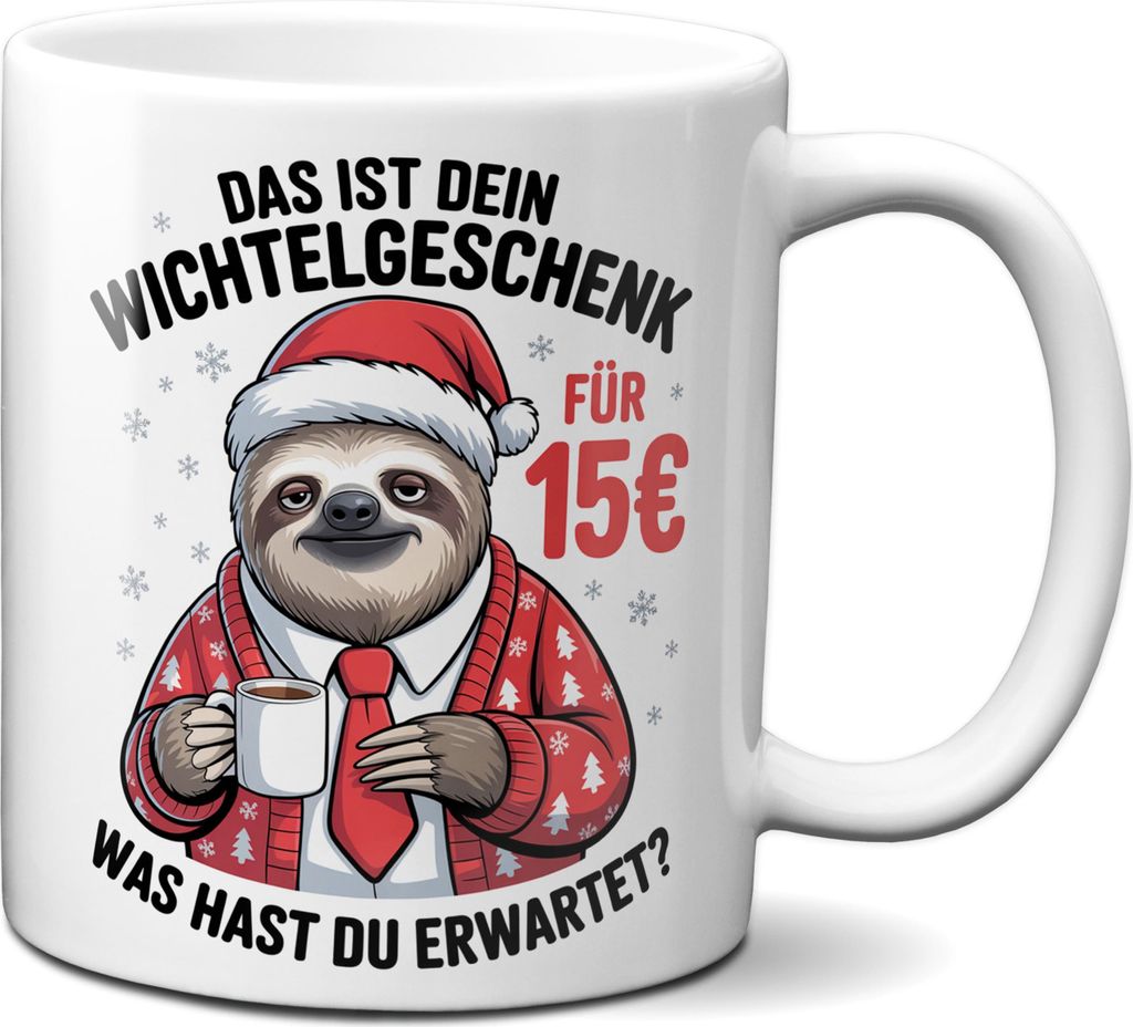 TassenKing Faultier Tasse: Das ist Dein Wichtelgeschenk für 15 Euro - Kaffeetasse lustig mit Spruch zum Wichteln als Geschenk für Kollegen (Weiß...