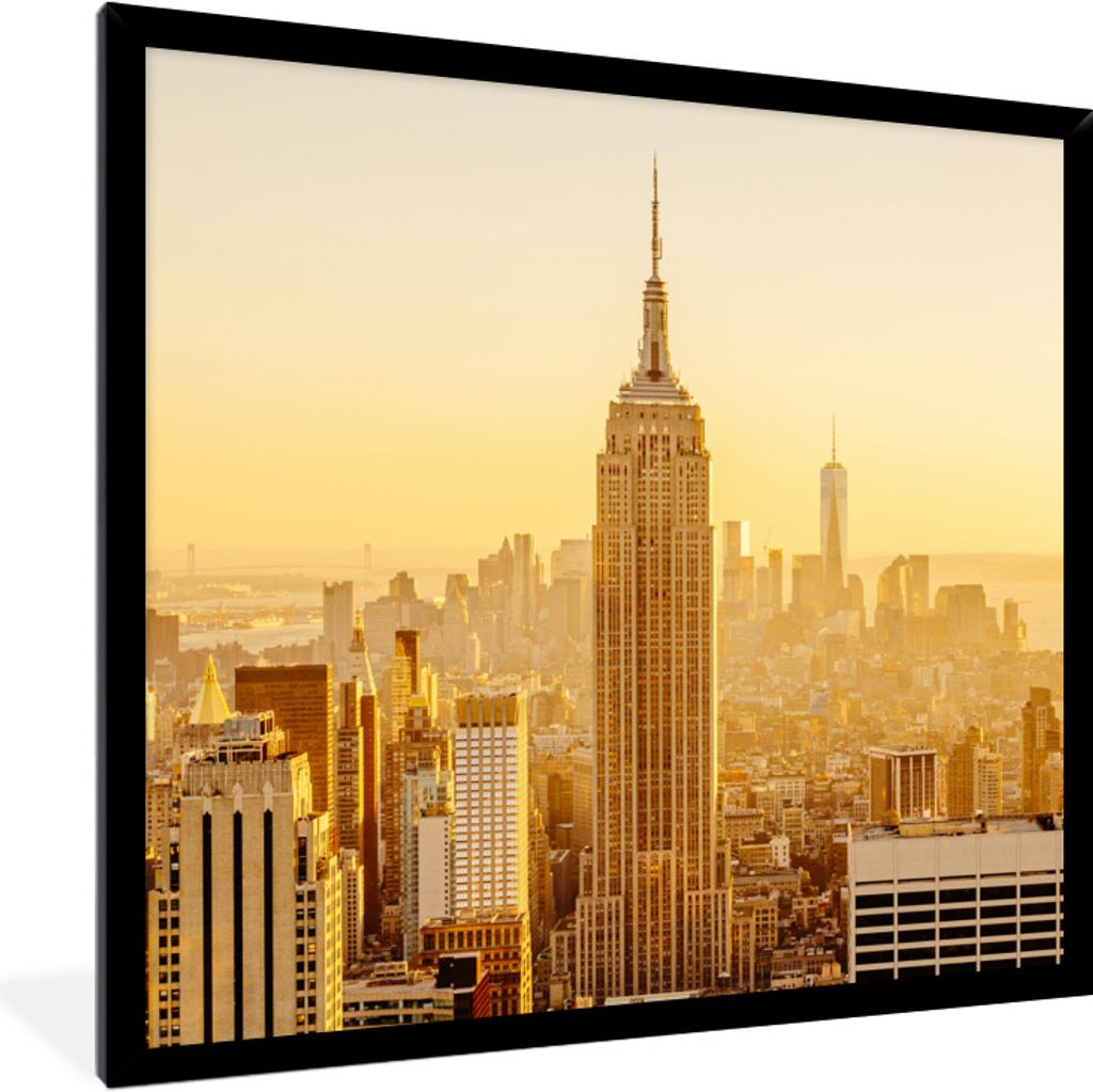 MuchoWow Gerahmtes Poster Goldener Sonnenuntergang am Empire State Building in New York 40x40 cm - Poster mit Schwarzem Bilderrahmen Wandposter R...