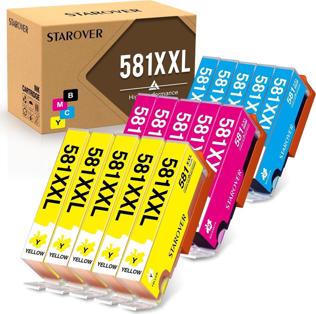 A box of printer ink cartridges and several rows of ink cartridges.