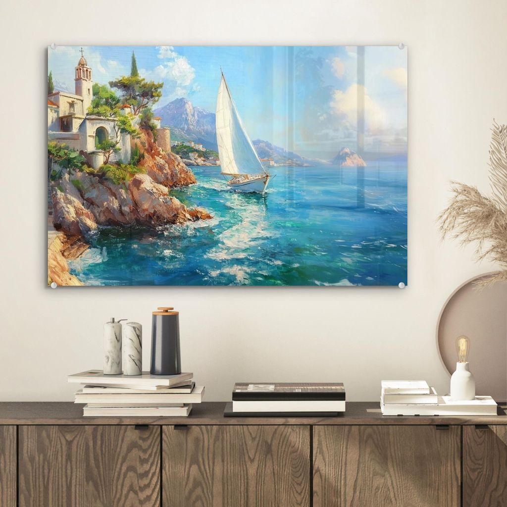 MuchoWow Glasbilder - Bilder auf Wandbild - Foto auf Glas Segelboot - Felsen - Küste - Häuser 60x40 cm Wanddekoration aus Glas - Acrylglasbild - ...