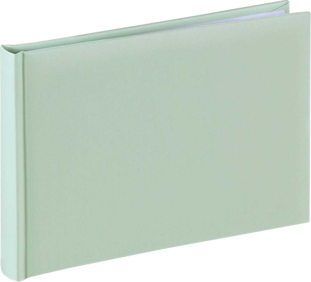 A light green album is shown from a slightly elevated side angle, lying flat on a white surface.