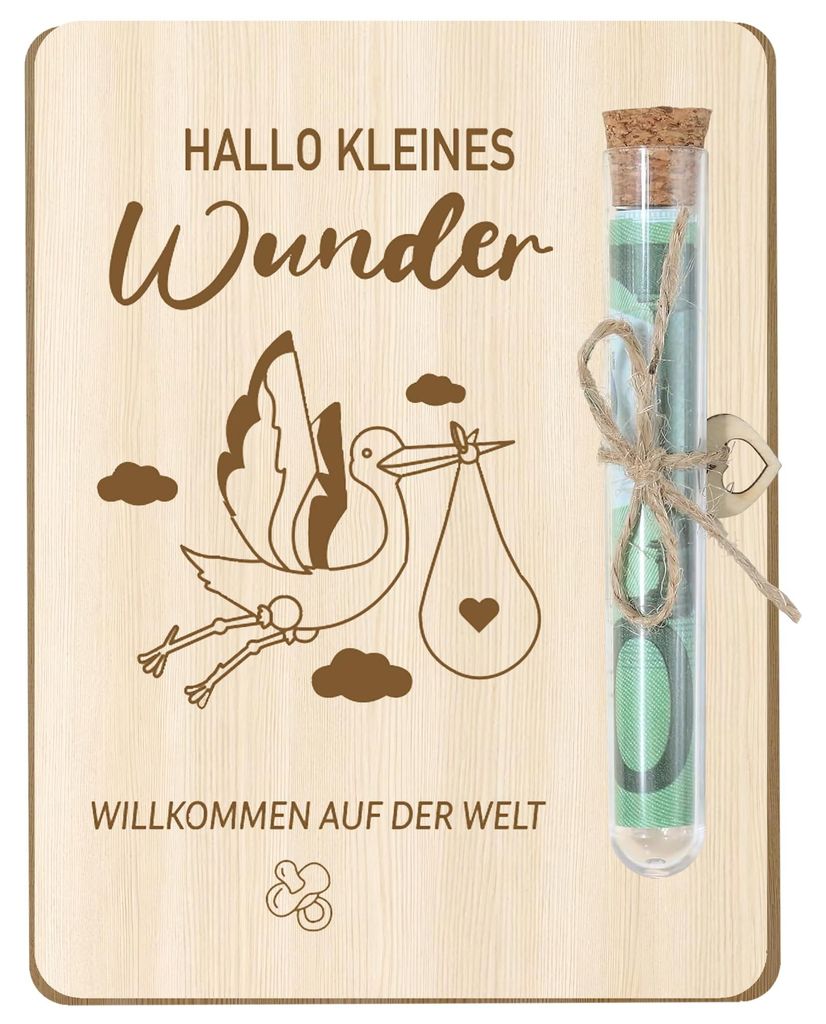 Geschenk für ein neugeborenes Mädchen oder einen Jungen, Geldgeschenk in Holzverpackung, Baby mit Reagenzgläsern