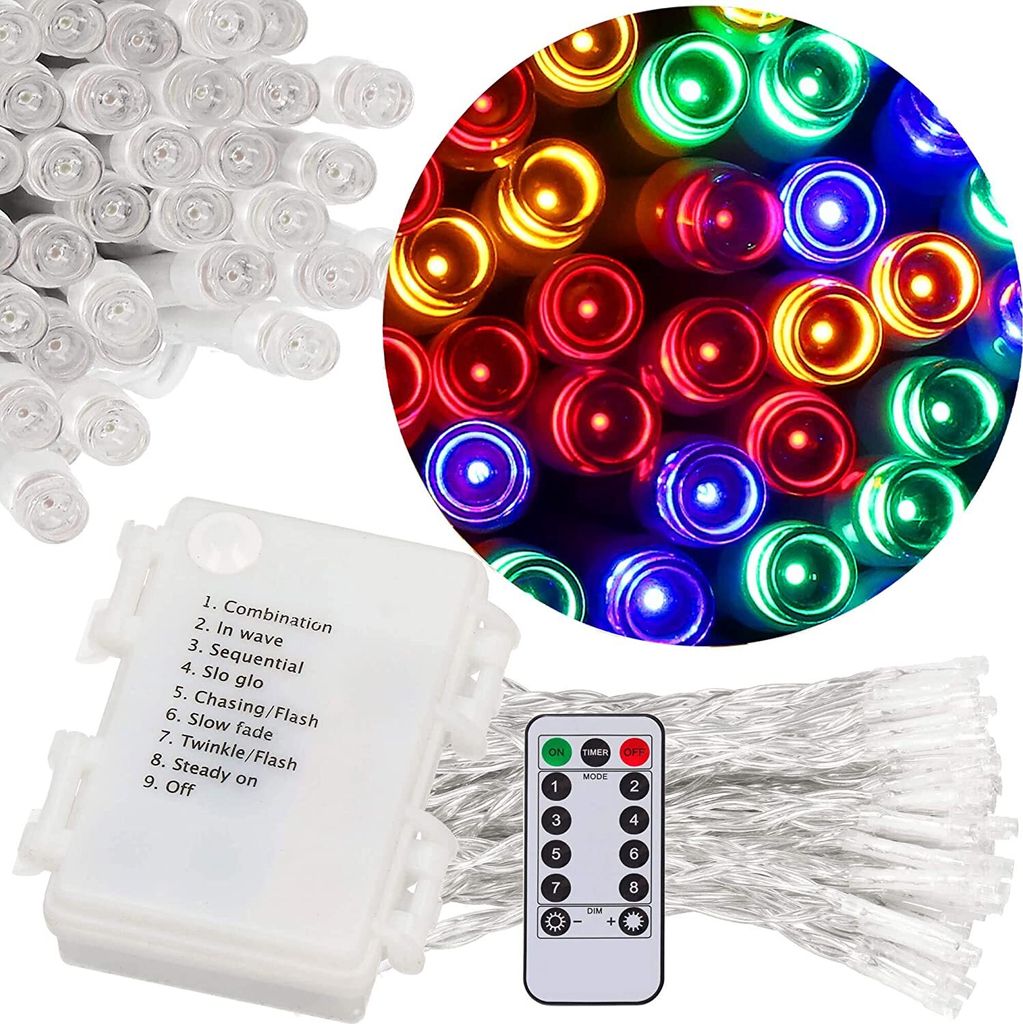 SPRINGOS LED-Lichterkette Weihnachtsbaumbeleuchtung 100 LEDs 8 Funktionen 10,5 m Batterie Outdoor Indoor Multikolor