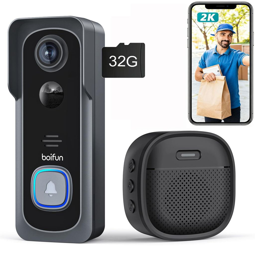 Boifun Türsprechanlagen, Smart Video-Türklingel, mit Kamera, Infrarot-Nachtsicht, 5200 mAh Akku PIR Bewegungserkennung, 2-Wege-Audio