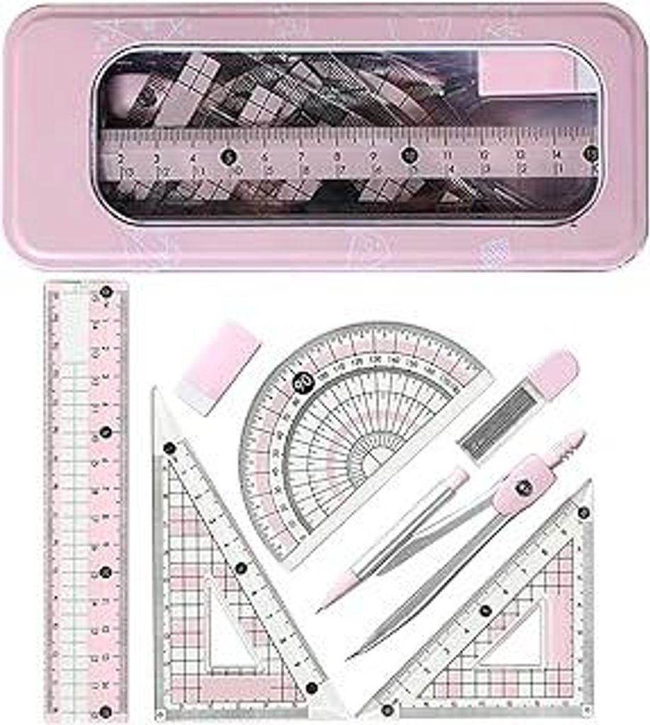 Geometrie Set,7 Stück Mathematik Set,Geometrie Zirkel Set mit Aufbewahrungsbox,mit Zirkel,Radierer,Geodreiecken,Lineal und Winkelmesser