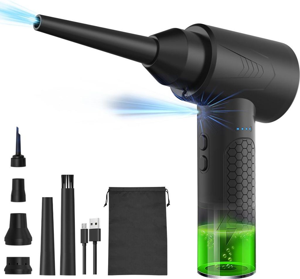A black electric air duster with various attachments, a charging cable, and a storage bag, displayed against a white background.