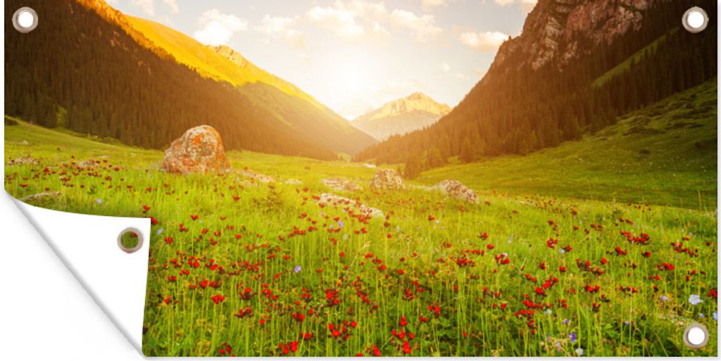 MuchoWow 160x80 cm Outdoor-Poster Gartendeko Sichtschutz Garten Poster für den Garten Blumen - Berg - Sonne