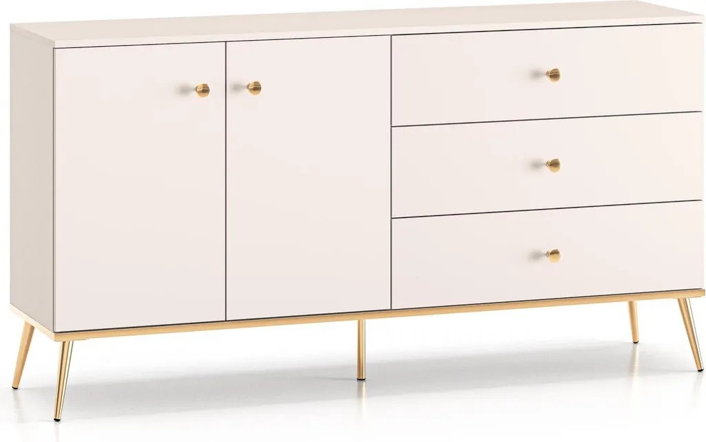 Buffet Selgin 160cm : Rangez Tout avec Élégance - Design Beige et Or