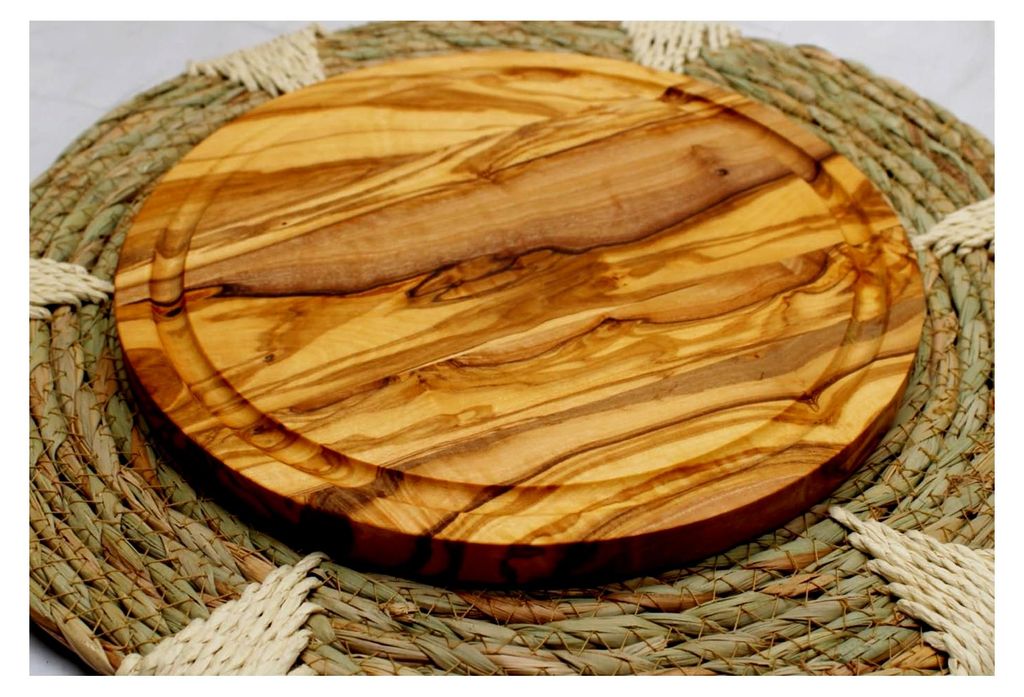 Rundes Servierbrett aus Olivenholz, Pizzabrett, Pizzateller, Frühstücksbrettchen, Durchmesser 30 cm, handgefertigt