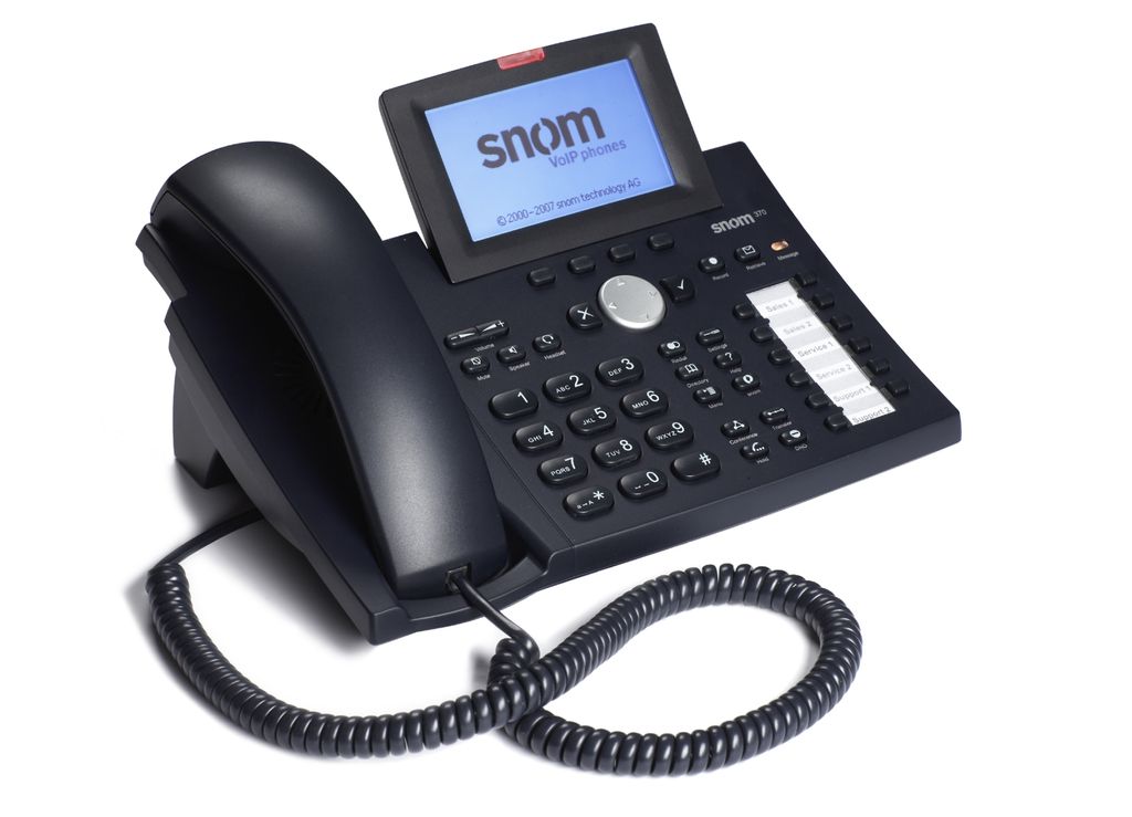 A black Snom 370 IP phone is shown against a white background.