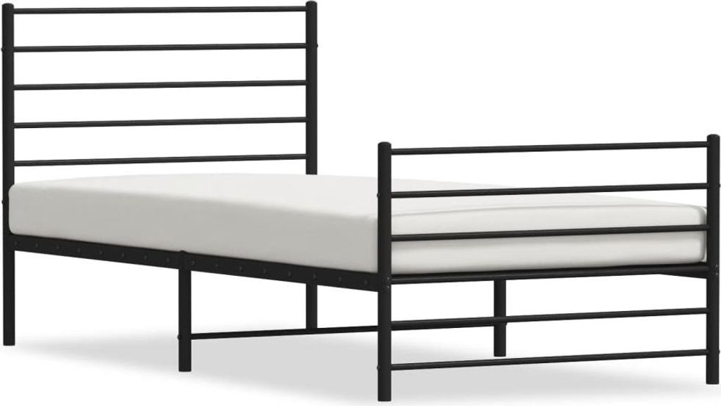 A black metal bed frame with a white mattress is shown against a white background.