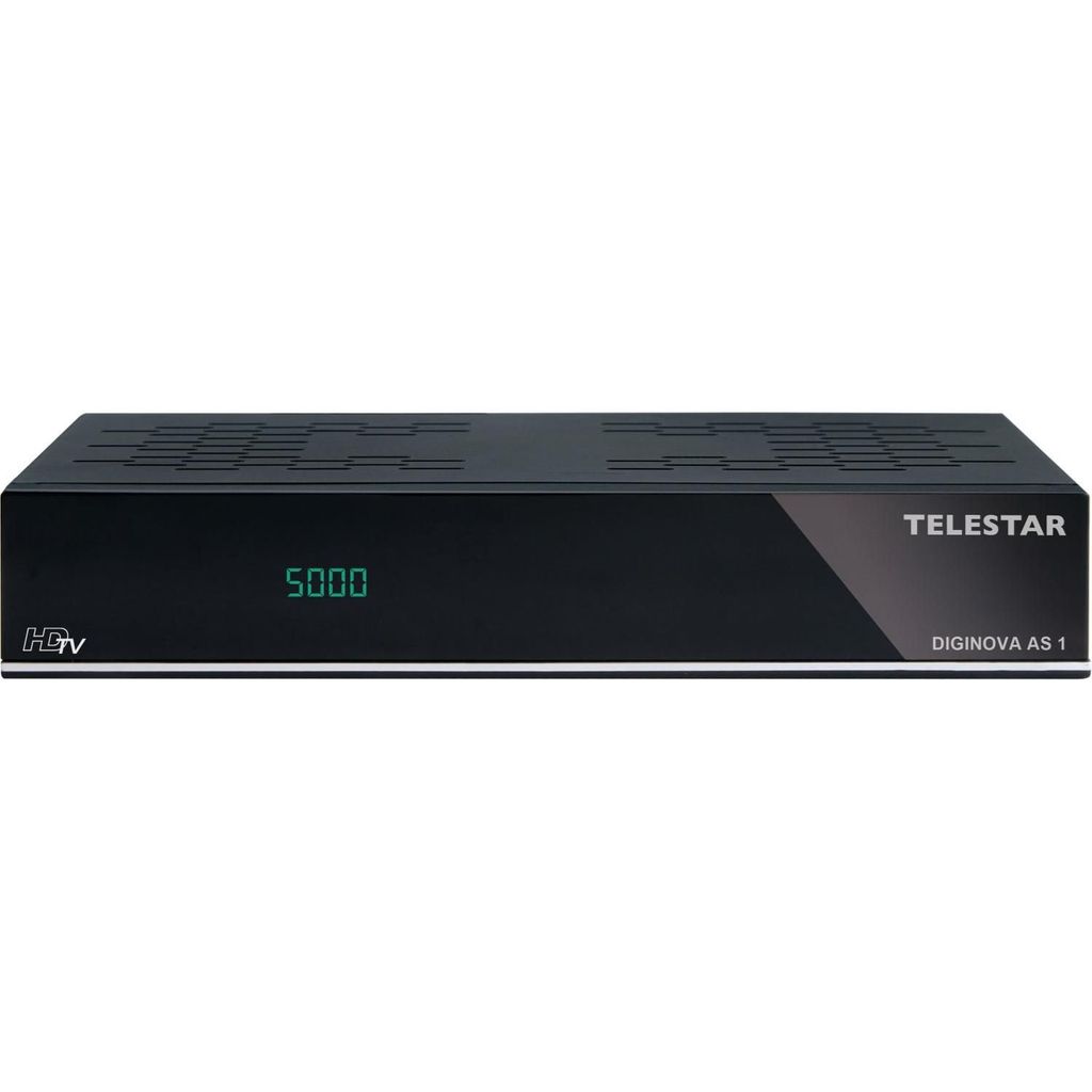A black digital receiver box is shown against a white background.