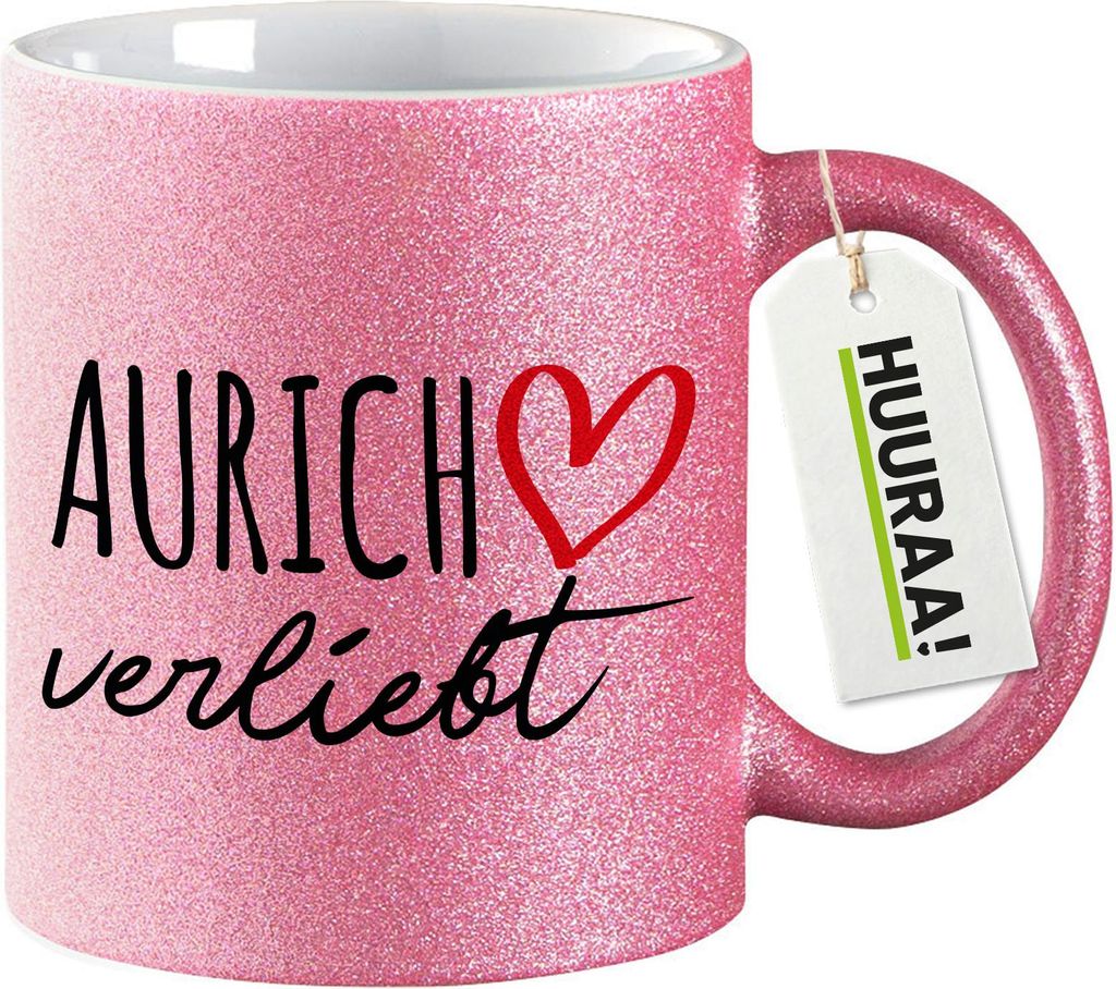Huuraa Glitzertasse Aurich verliebt 330ml Pink Keramik Kaffeebecher Geschenkidee