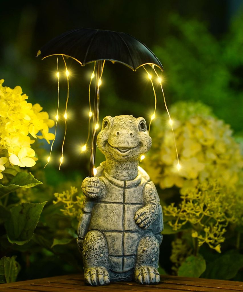 Solarbetriebene Gartenfigur in Schildkrötenform – 25 cm hohe graue Schildkrötenfigur mit hängendem LED-Sonnenschirm, wasserfeste Außendekorat...