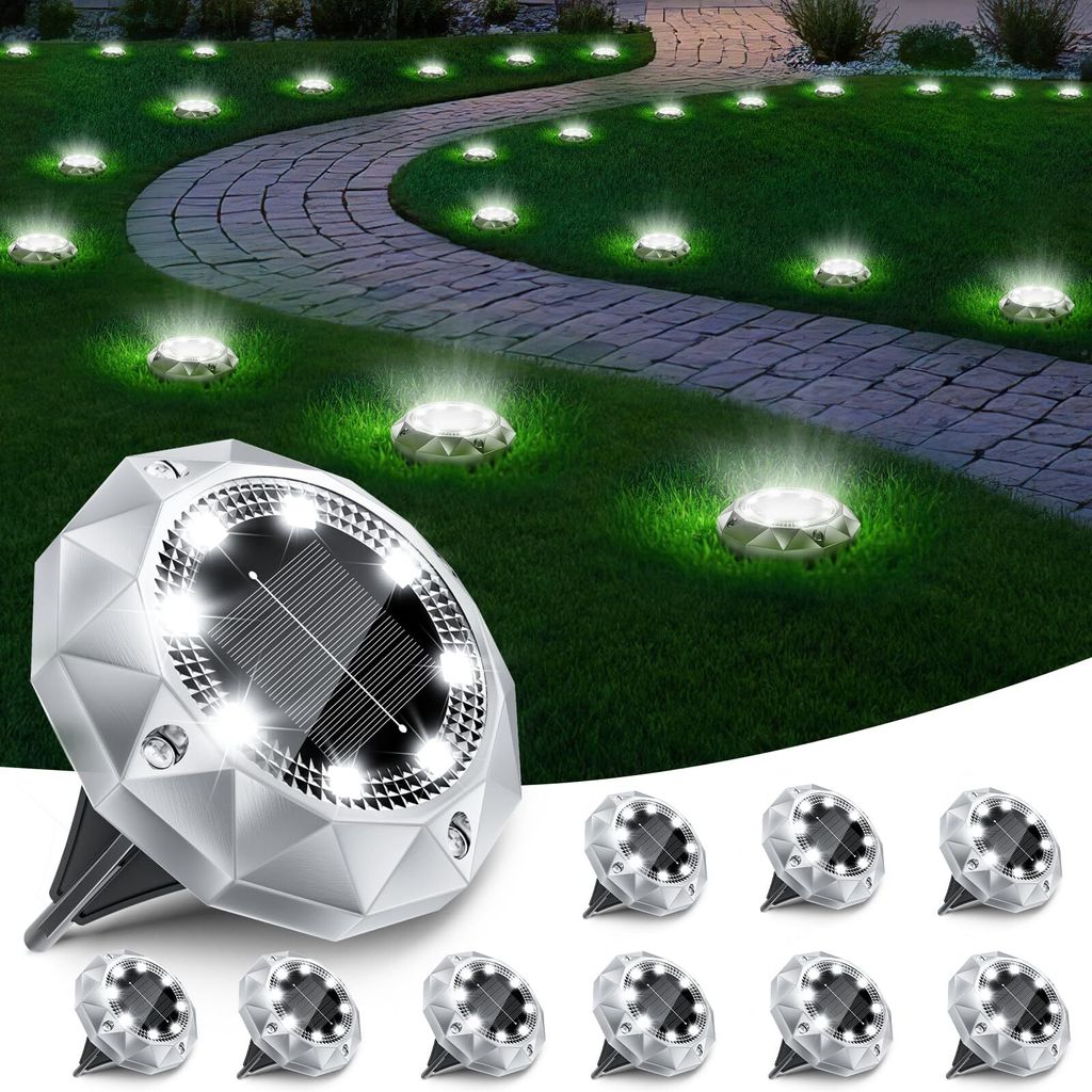 10 Stück Solar Bodenleuchten Aussen, 8 LED Solarlampen für Produktbild 