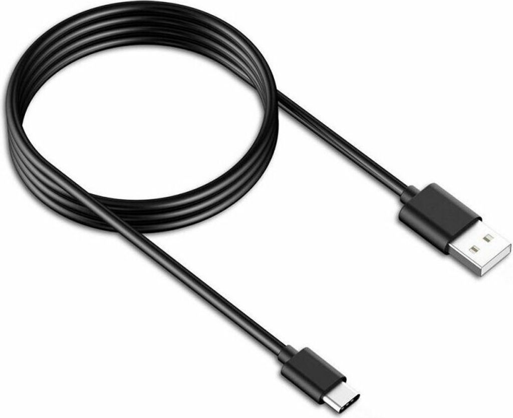 A black USB-C to USB-A cable coiled on a white background.