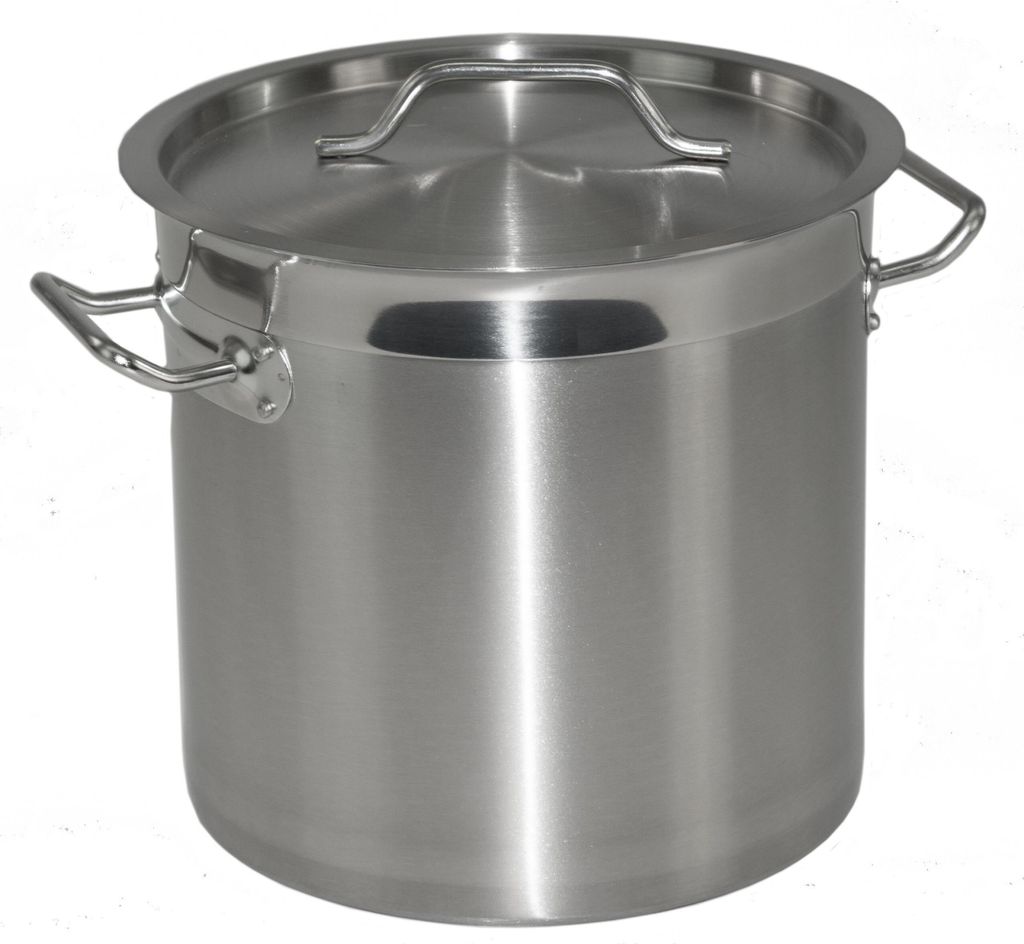 A stainless steel pot with a lid and handles, presented on a white background.