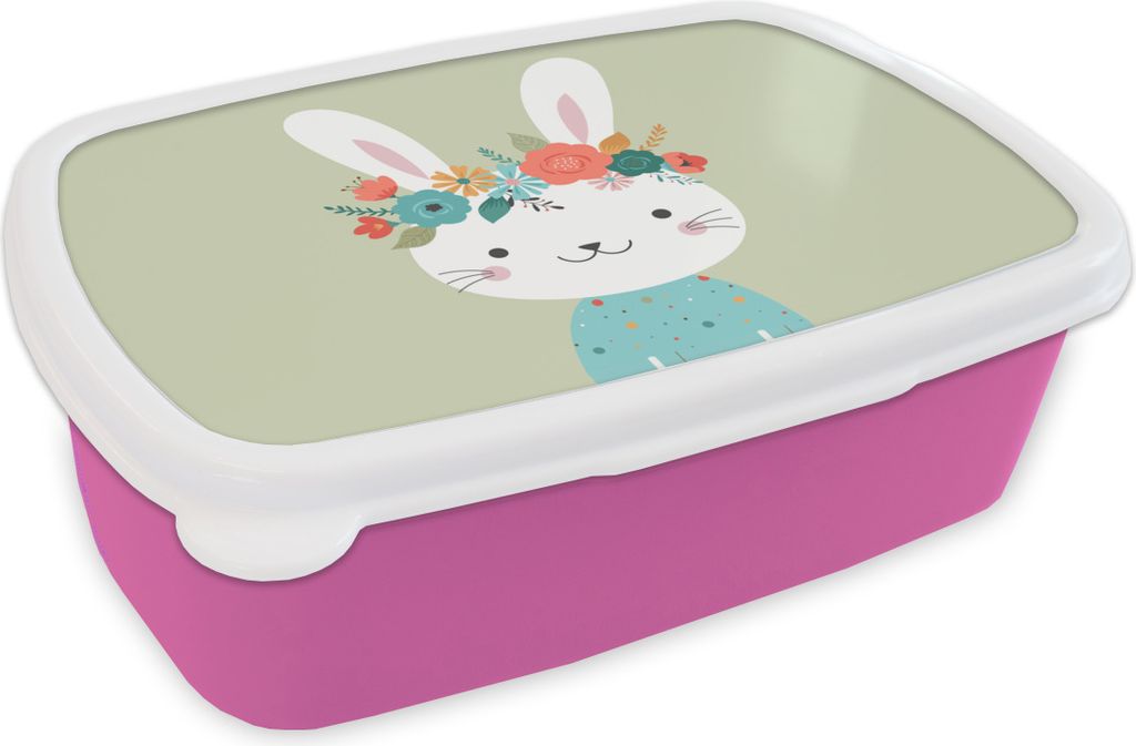 KitchenYeah Lunchbox Brotzeit Brotdose 17x11 cm Kaninchen - Sommer - Blumen Kinder Brotzeitdose - Lunchpaket - Brotkasten - Sandwich Box