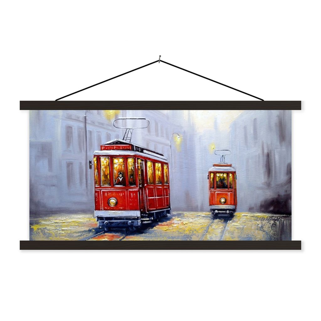 MuchoWow Textilposter Gemälde - Straßenbahn - Stadt - Öl 90x45 cm mit schwarzem Rahmen - Klemmleisten