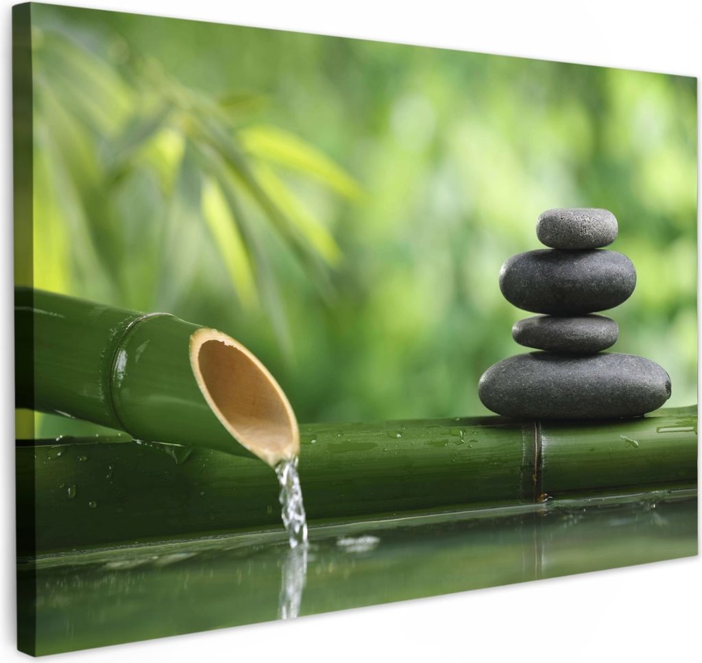 MuchoWow - Leinwandbilder - Zen - Steine - Grün - Natur - Bambus, Wandbild, Wanddeko Bilder Wohnzimmer, 90x60 cm