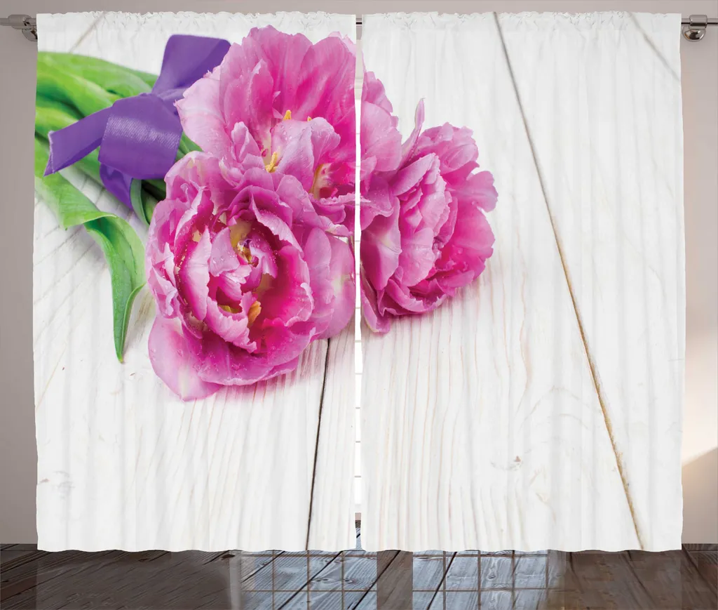 Rideau grande fenêtre pour chambre rose - Motif tulipes rustique 280x225